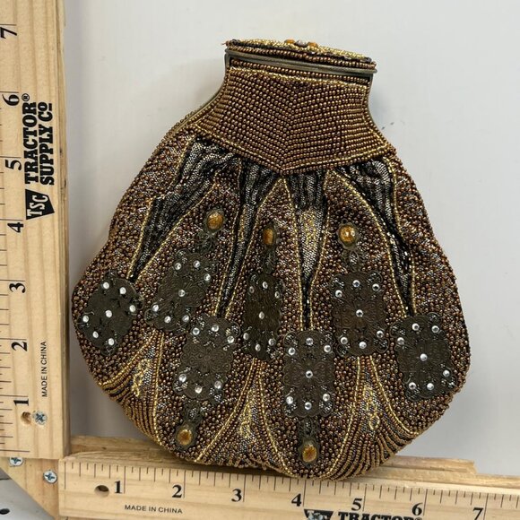 Hashimoto Beaded Evening Bag Bronze Gold Embellished Vintage Style Clutch